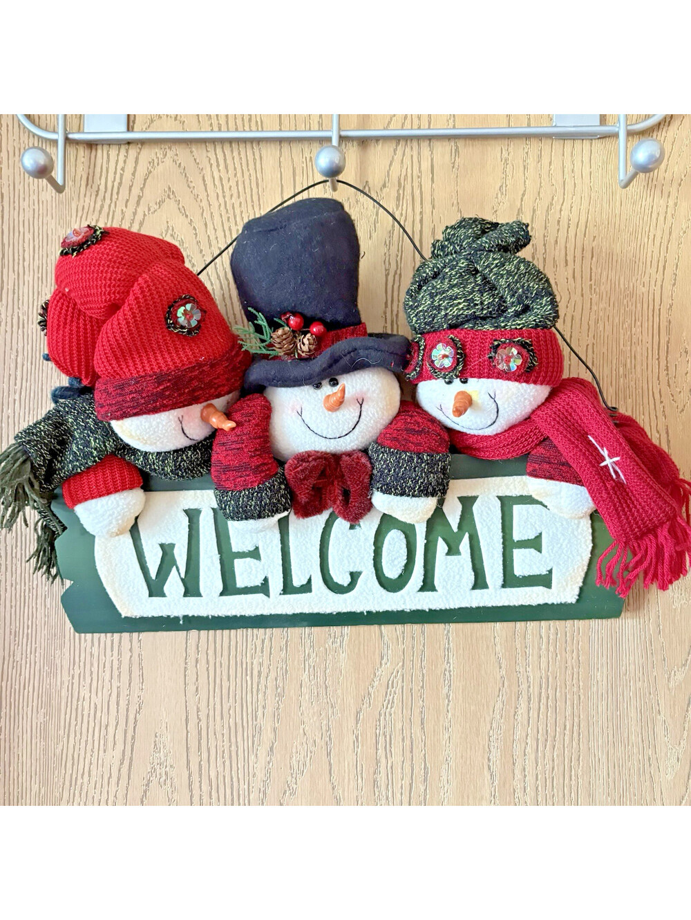 Snowy Greetings Three Fabric Snowmen Welcome Wood Hanging Door Sign 14”x10”
